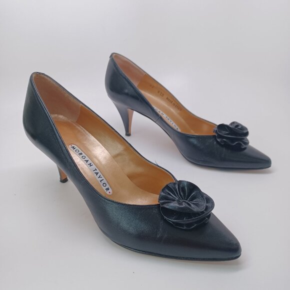 Morgan Taylor Heels Black Leather Rosette Point Toe Classic Vintage Womens 8.5 - Picture 8 of 16